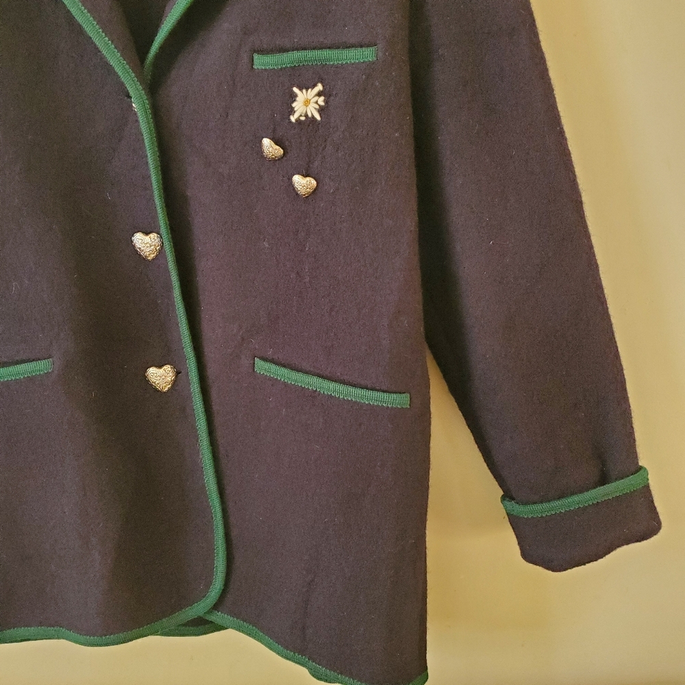 Vintage Boiled Wool Burgefried Navy Blue Green Floral Jacket Coat Size Large - Picture 7 of 10